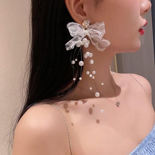 Origin Summer Hyperbole Perspective White Lace Bowknot Drop Earrings Simulated Pearls Cross Knotted Hanging Earrings for Women