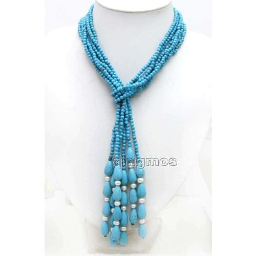 SALE SUPER LONG 45" Light Blue 4mm round Stone 3 Strands NECKLACE-nec5739 Wholesale/retail Free shipping