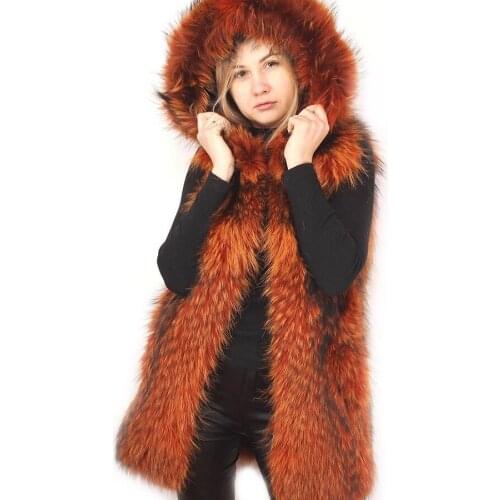 Hooded Fur Vest Women Real Fur Gilet Autumn Winter Warm Thick Natural Racoon Fur Waistcoat Plus Size Coat 2021 New Arrival
