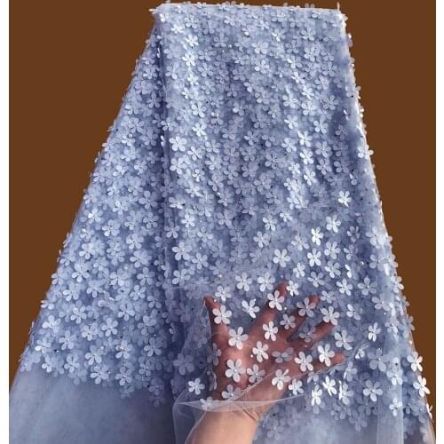 Light blue allover small Appliques tulle lace high quality African french lace fabric with beads stones 5 yards /pc Hot sale
