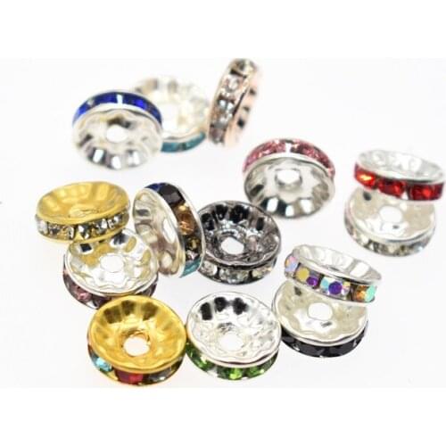 T50Pcs 4-10MM Gold Rhinestone Rondelles Crystal Bead Loose Spacer Beads for DIY Jewelry Making Accessories Supplie