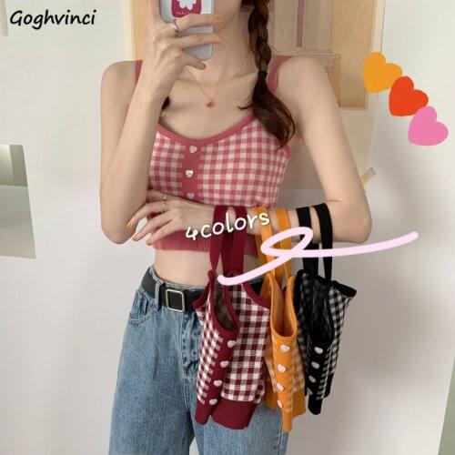 Camis Women Summer Knitting Plaid Single-breasted Kawaii Femme Camisole Tops Slim Sexy Short Vest Korean-style Sweet Students