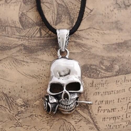 VamGoth1573 Titanium Steel Death Rose Skull Pendant Necklaces Punk Jewelry Wholesale Free Shipping
