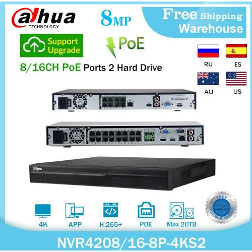 Dahua NVR 8MP 4K NVR4208-8P-4KS2 NVR4216-16P-4KS2 8CH 16CH POE H265+ Video Recorder For IP Camera Security CCTV System