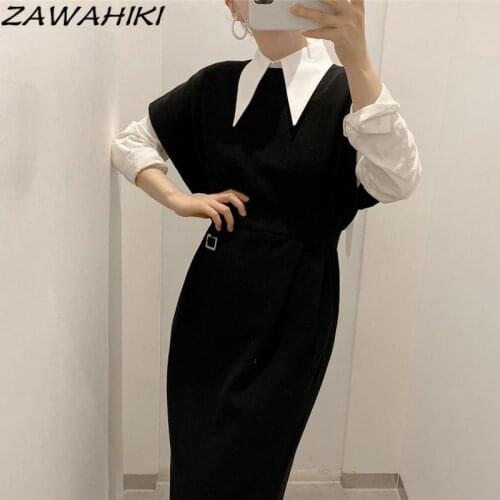 ZAWAHIKI Korean Chic Autumn Simple Pointed Collar Solid Long Sleeve Shirt Slim High Waist Vest Dress with Sashes Suit Female
