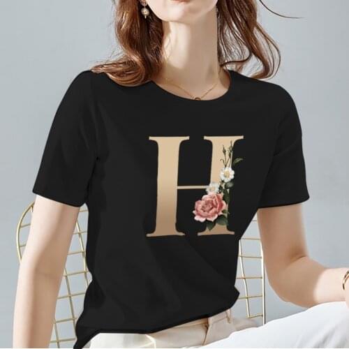 Women O-neck Tshirt Vogue Flowers Letter Pattern Series Tops Classic Black All-match Printed Ladies Short Sleeve Tee Clothes