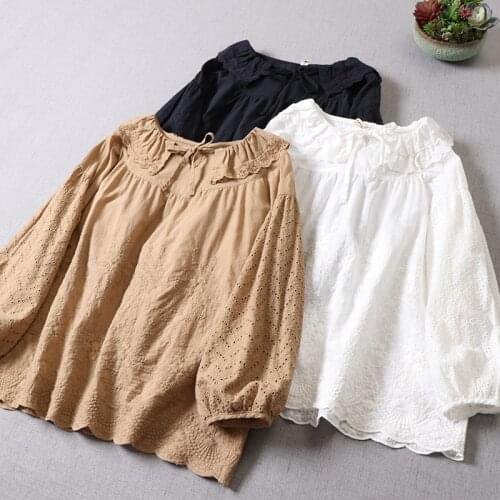 2021 New Spring Women Blouse Japan Style Mori Girl Fresh Cotton Shirt Solid Color Embroidery Long Sleeve Women Tops