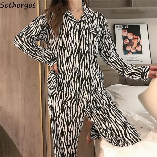 Women Pajama Sets Striped Leisure Korean Style Turn-down Collar Homewear Spring New Long Sleeve Fashion Chic Female Zip-up Sexy