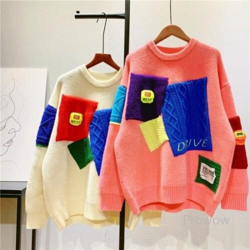 Patch Splicing Fashion Sweater Color Contrast Appliques Pullovers Women Autumn Winter Thick Warm Sweater Korean Loose Oaf Jumper