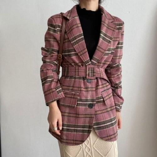 2021 Women Autumn Winter Vintage Pink Plaid Blazer Coat Jacket Belt Artificial Woolen Overcoat Slim Waist Outwear