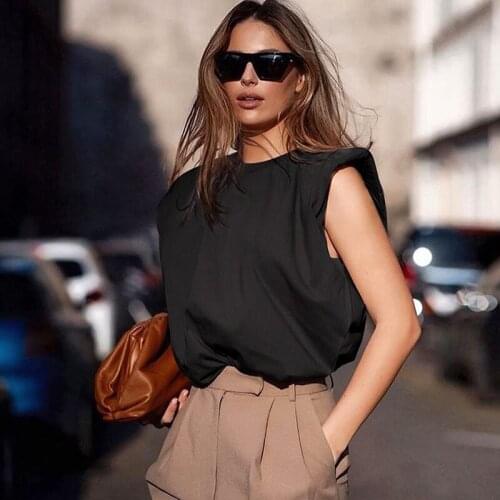 Office Lady Pullover 2021 New Fashion Women Elegant Clothes Women Padded Shoulder T-Shirts Sleeveless Solid Color Round Neck Top