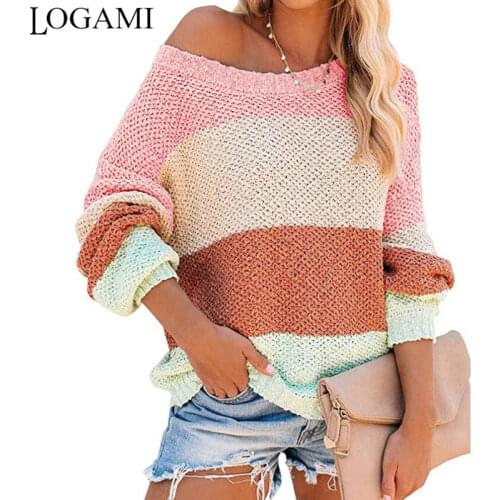 LOGAMI Lantern Sleeve Striped Color-blocking Sweater Women Autumn Winter Loose Casual Pullover Female Knitwear