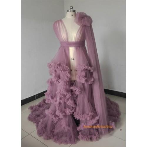 Womens Purple Photography Dress Sexy Robe Nightgown Ruffles Sleepwear Lace Tulle Bathrobe Pajamas Prom Bridesmaid Shawel