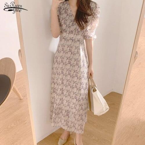 Summer New V-neck Short Sleeve Casual Party Ladies Dresses Chiffon Dress Women Vintage Floral Print Long Dress Femme Robe 9813