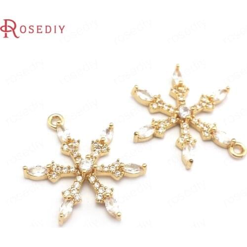 40213)4PCS 19x24MM 24K Champagne Gold Color Brass and Zircon Snowflake Charms Pendants Jewelry Making Supplies Diy Accessories