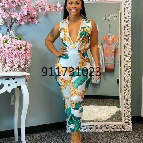 African Clothes for Women 2021 Summer African Women Sleeveless Printing V-neck Long Jumpsuit African Clothing