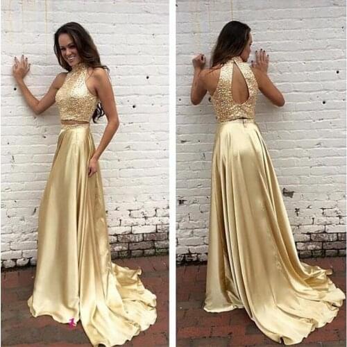 Elegant Gold Two Piece Prom Dresses 2019 High Neck Backless Sequined Beaded Crystals Evening Gowns Vestido De Noche On Sale