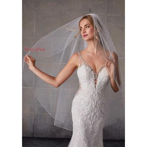 YouLa Pan V34 Bridal Veils Wedding Crystal Beaded Veil for Bride 1 Layer White Fingertip Length Veil with Comb Bridal Veil