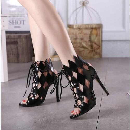 Hot selling peep toe hollow out high heel sandal for women fashion lace-up leaves shaped stiletto heels summer boots ankle boots