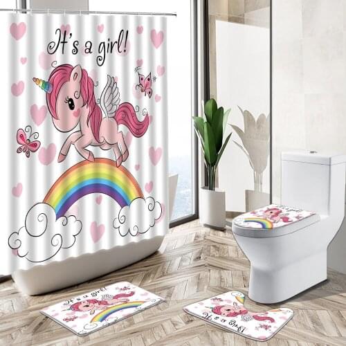 Cartoon Unicorn Children Baby Bathroom Shower Curtain Set Fun Animal Rainbow Butterfly Pink Love Rug Toilet Lid Cover Bath Mat