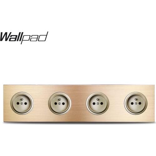 Wallpad L6 Gold 4 Gang Quadruple French Electric Power Outlet Wall Socket Gold Brushed Aluminum Metal Panel, 344*86mm