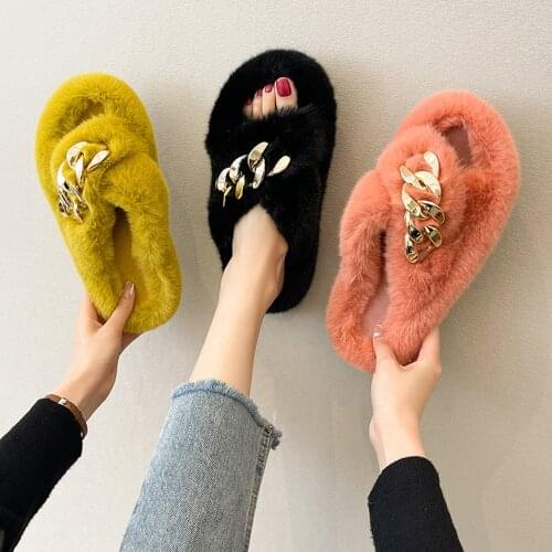 Autumn Winter Fluffy Fur Slippers Shoes Women Chain cross Fur Flip Flop Flat Furry Fur Slides Outdoor Sandals Female Shoes hh116