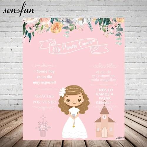 Sensfun Pink Theme Mi Primera Comunión Photography Backgrounds Flowers Cross Church Girls Baptism 1st Birthday Backdrops