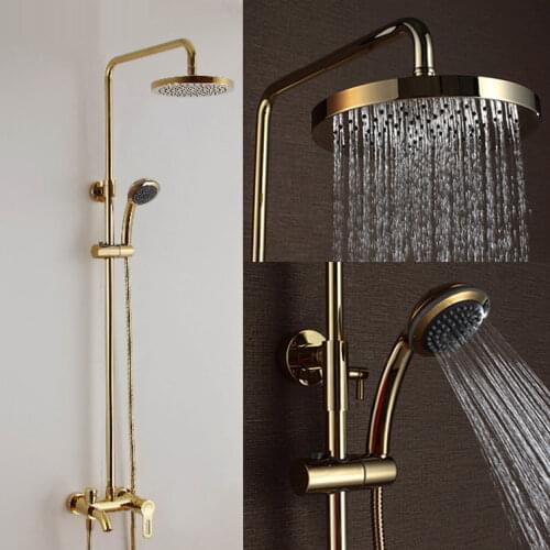 Bathroom Wall Mounted Golden Finished Solid Brass Shower Faucet Set Rainfall bath Shower Tub Mixer Tap with Handheld Shower Head
