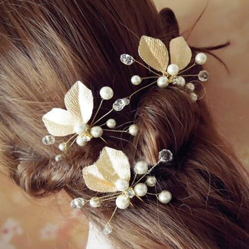 Wedding Leaves Rhinestone Pearl U-Shape Hairpin Sweet And Cute Hairpins Bride Headdress Hair Clip Accessories