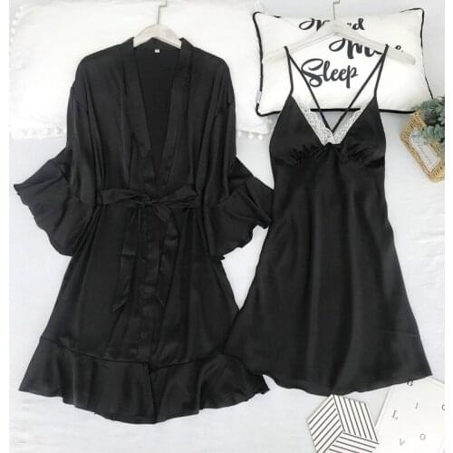 2020 Women Satin Sleepwear Robe Sexy Silk Robe Gown Set Sleep Lounge Indoor Clothing Ladies Nightwear Nightdress With Chest Pads