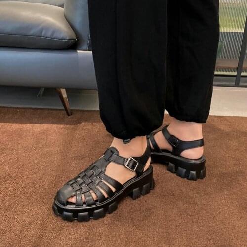 2021 Gladiator Sandals Platform Thick Heels Women Shoes Ankle -strap Buckle Gothic Style Black Female Sandals Big Size 29-46