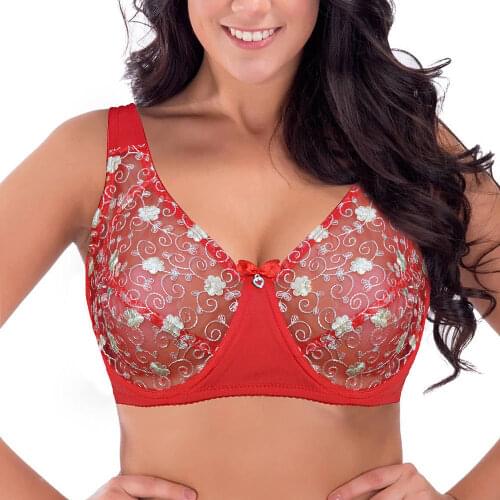YANDW Unlined RED Bras For Women A B C D DD E F 34 36 38 40 42 44 Lace Bralette Floral Soutia Mesh Transparent Sexy Lingerie