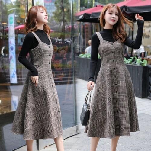 England Autumn Women Midi Sundress Suspenders Vintage Plaid Woolen Sleeveless Dress Elegant Chic Warm Vestido Mujer MH393
