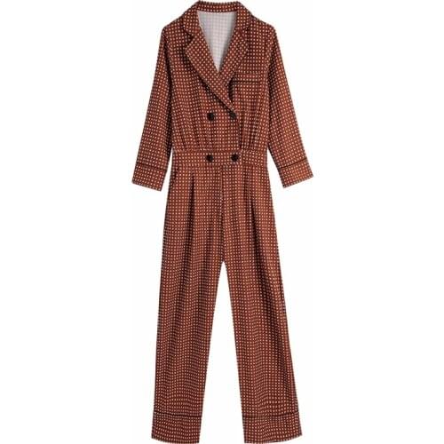 2020 New Ladies V-Shaped Lapel Loose Long-Sleeved Waist Pleated Decoration Fashionable Coral Red Print Jumpsuit