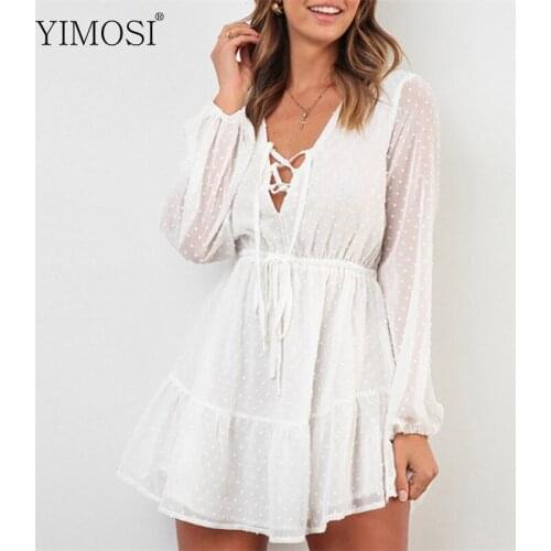 Women Autumn Dot Print Chiffon Dress 2020 Casual Long Sleeve V-Neck Mini Dress Elegant High Waist Party Dresses Vestidos