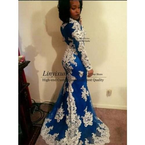 2020 Formal Pattern Prom Dresses Dark Blue Petal Flower Long Sleeve Stain Natural Sheath Party Evening Dresses vestido de gala