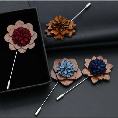 2020 New Vintage Wood Flower Brooch Pin Cloth Art Long Needle Pin Suit Shirt Corsage Brooches for Men Jewelry Accessories