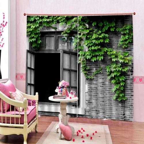 3D Window Curtain Brick wall window house green leaf print Luxury Blackout For Living Room