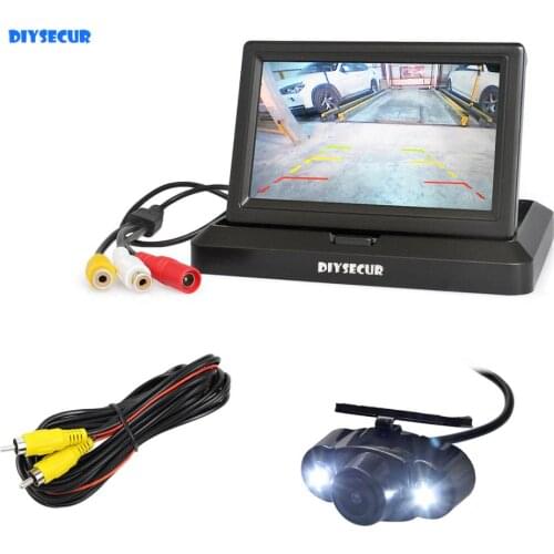 DIYSECUR 5" Foldable Rear View Monitor Car Monitor Waterproof LED Color Night Vision Rear View Car Camera Parking System Kit