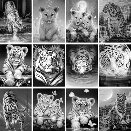 Black White Tiger DIY Diamond Painting Cross Stitch Rhinestone Embroidery Mosaic Art Home Animal Diamond Decor Factory Sale