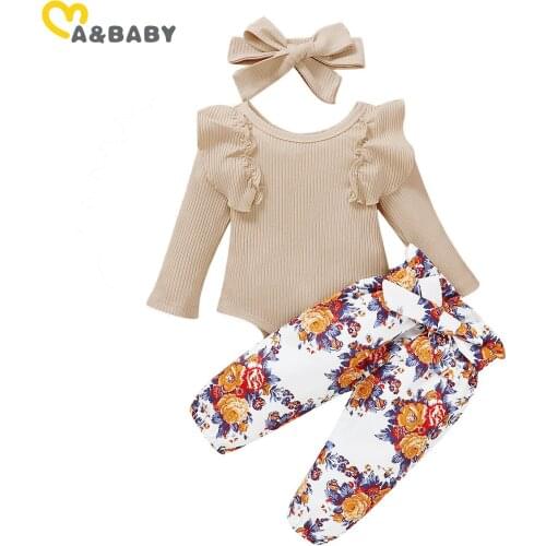 Ma&Baby 0-24M Newborn Infant Baby Girl Flower Clothes Set Autumn Knitted Ruffles Romper Bow Pants Outfits