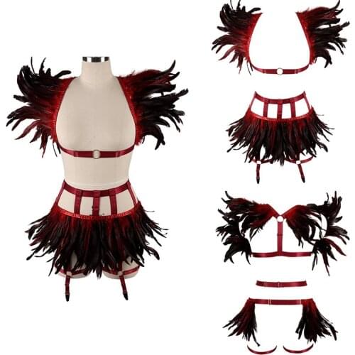 Strappy Harness Bra And Feathers Skirt For Women Fashion Sexy Cage Bondage Lingerie Punk Gothic Costume Dance Festival Rave Wear