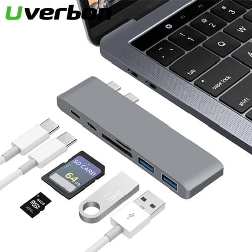 Dual USB Type C Hub For MacBook Pro 6 In 1 USB C Docking Station Adapter HUB Adapter Support 2 USB 3.0 Ports SD / TF Card Port