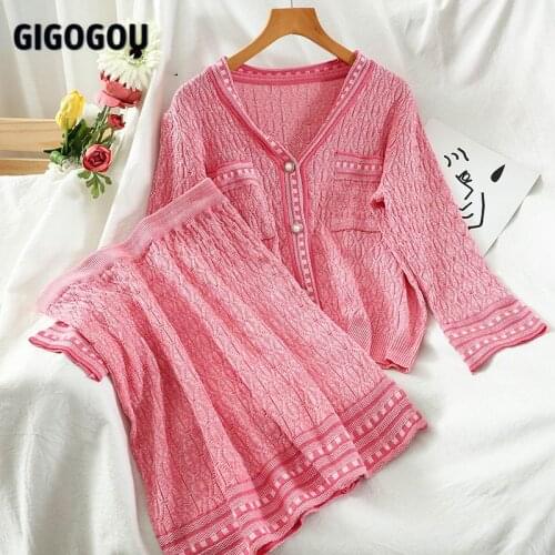 GIGOGOU Two Piece Set Women Skirts Single Breasted Women Cardigan Sweater + A Line Mini Skirts Suits Festival Clothing Femme
