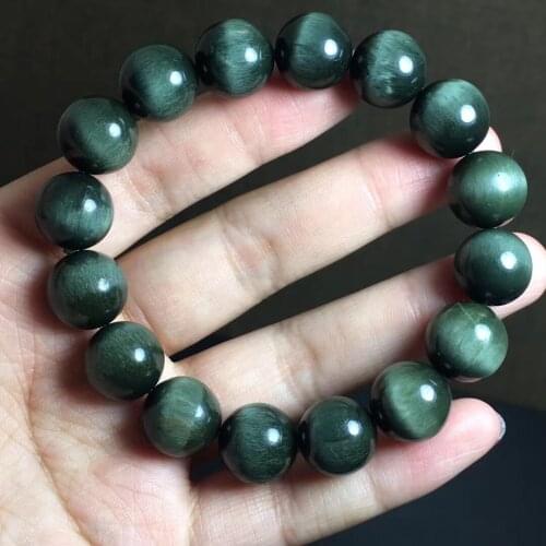 Genuine Natural Green Rutilated Quartz Cat Eye Bracelet 13.3mm Brazil Women Men Stretch Crystal Round Bead Bracelet AAAAAA