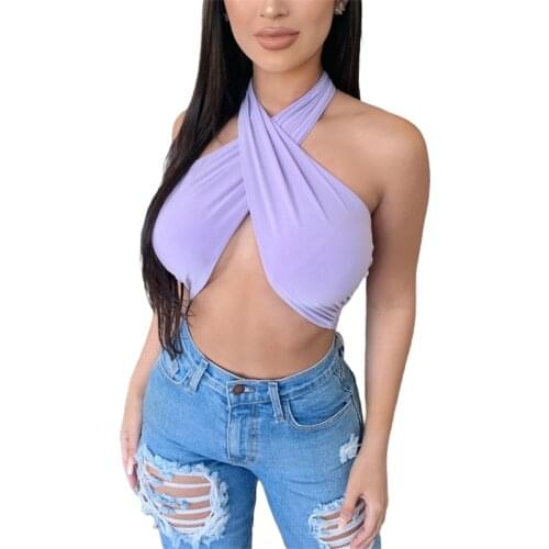 2021 New Women Summer Tank Tops Solid Color Cross Halter Neck Backless Close-Fitting Crop Tops Black/White/Orange/Purple