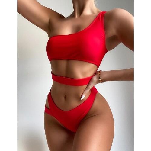 2021 New Sexy Solid One Shoulder Swimwear Women One Piece Swimsuit Female Hollow Out Bathing Suits Beachwear Swim Lady Monokini