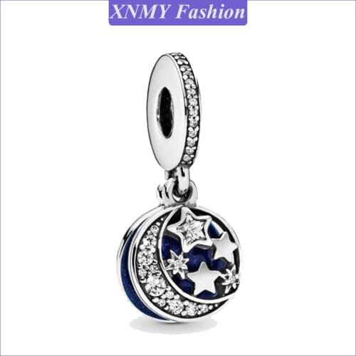 XNMY New Original Silver Color Blue Night Sky Crescent Moon & Stars Dangle Fit European Pandora Bracelet Diy Jewelry Making