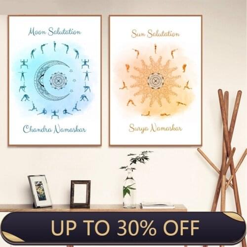 Yoga Sun Salutation & Moon Salutation Celestial Posters and Prints Yoga Studio Wall Art Decor Yoga Gift Art Canvas Painting