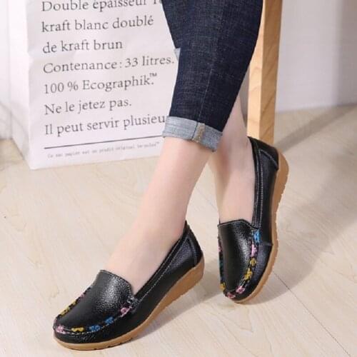 2019 New Spring Autumn Casual Retro Genuine Leather Women Flats Shallow Slip-On Printed Flowers Lady Leather Shoes 20190617